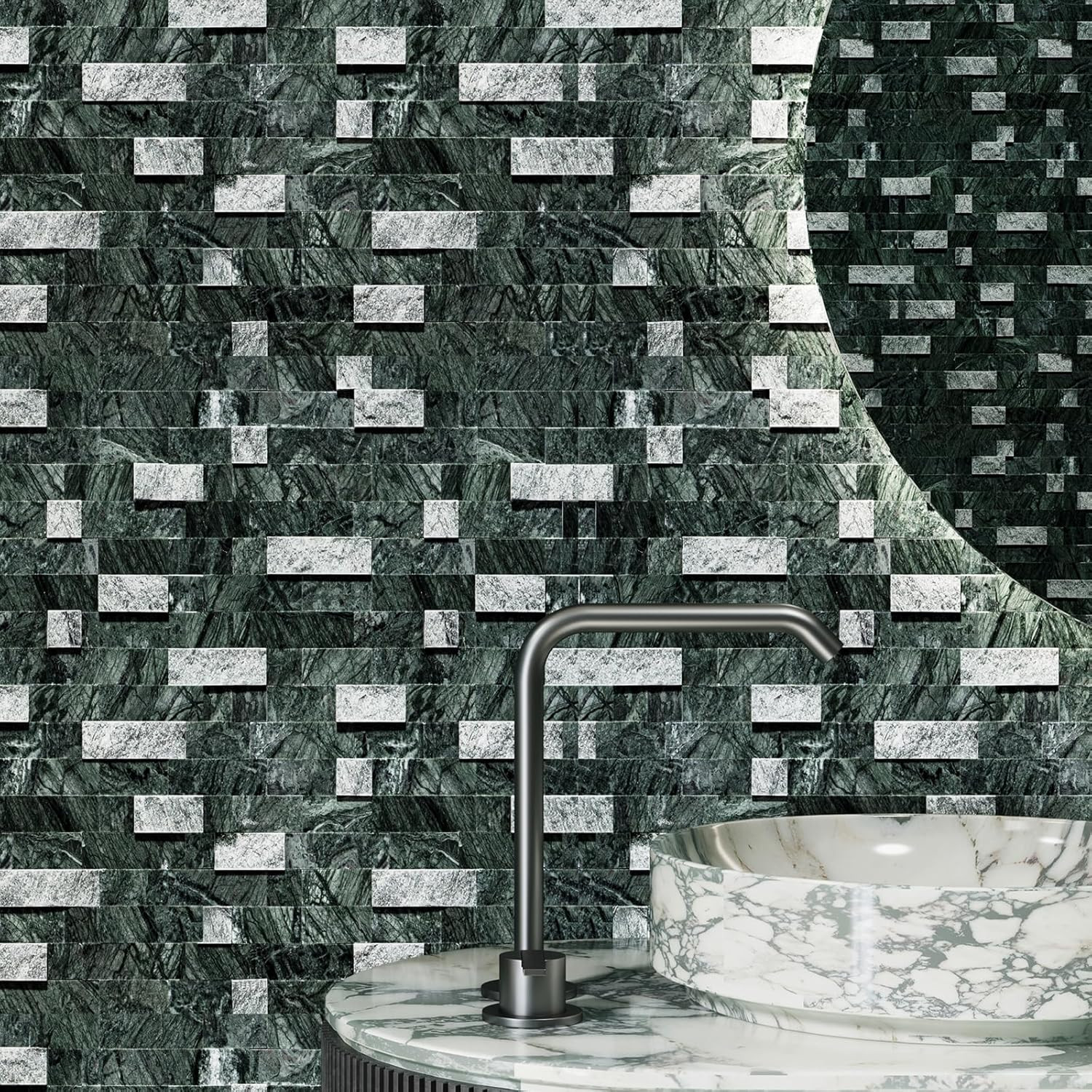 5-Sheet Peel and Stick Backsplash Tile, Natural Stone 3D Mosaic Wall Tile, India