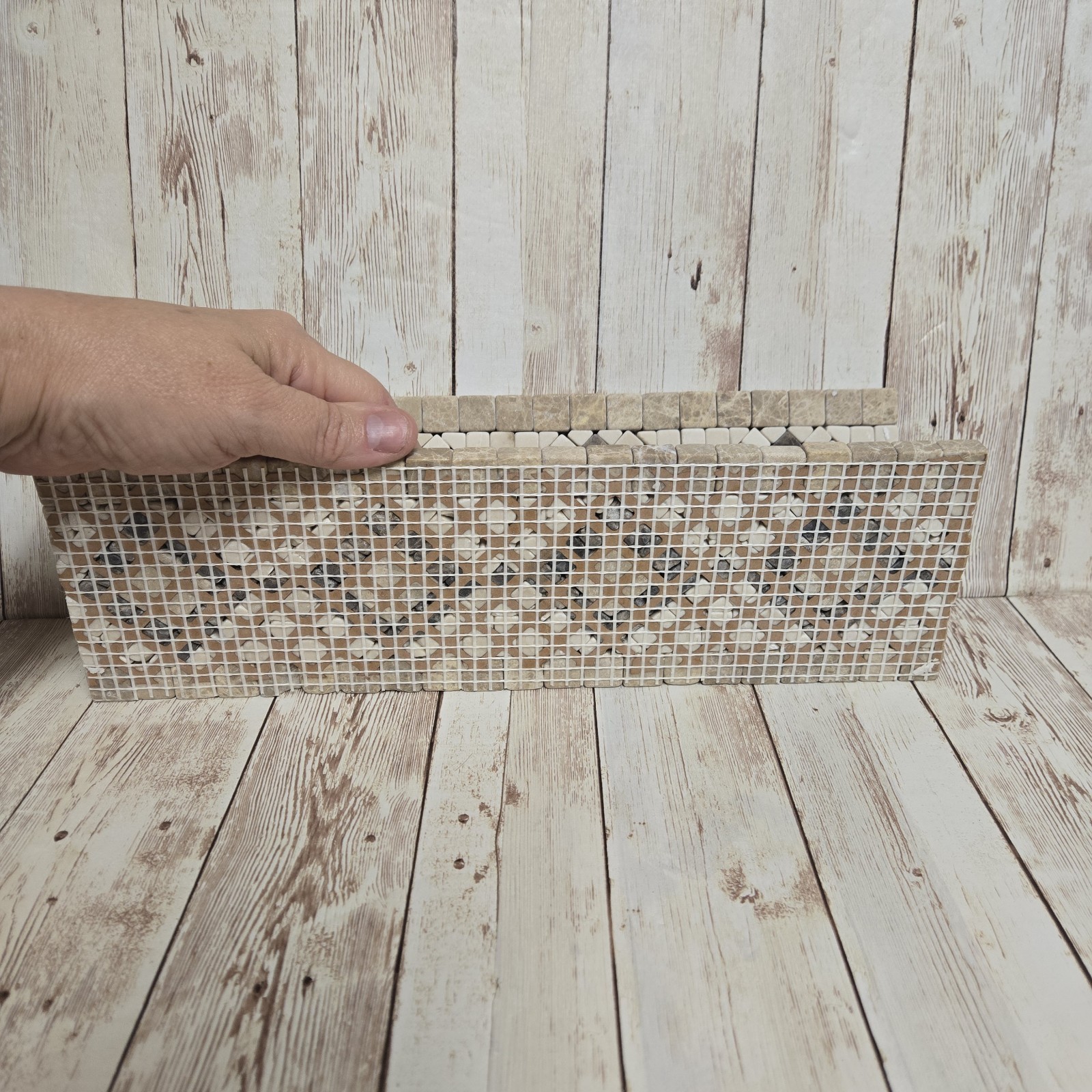 Travertine Mosaic Border Tile Trim Lot of 2 Diamond Pattern Mesh Back