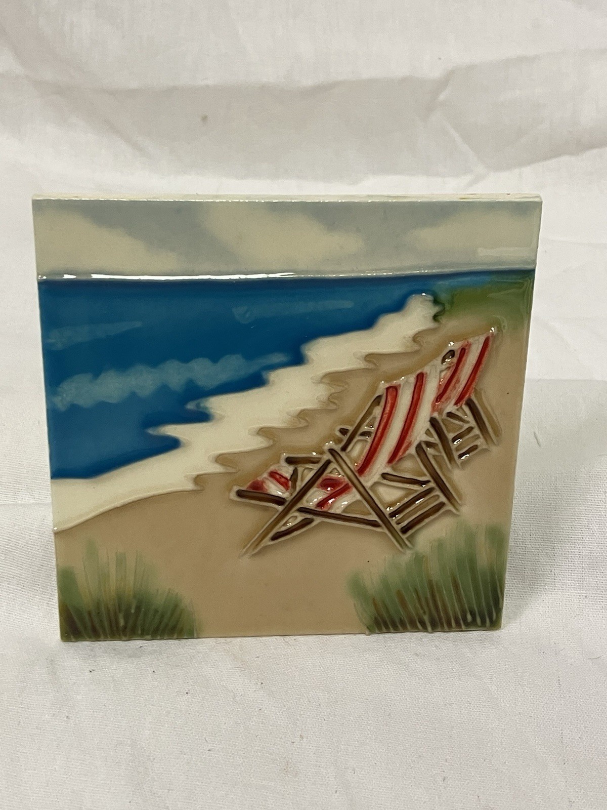 Decorative Ceramic Tile 4×4 Backsplash Gift With Stand Jaco Beach Scene Chairs