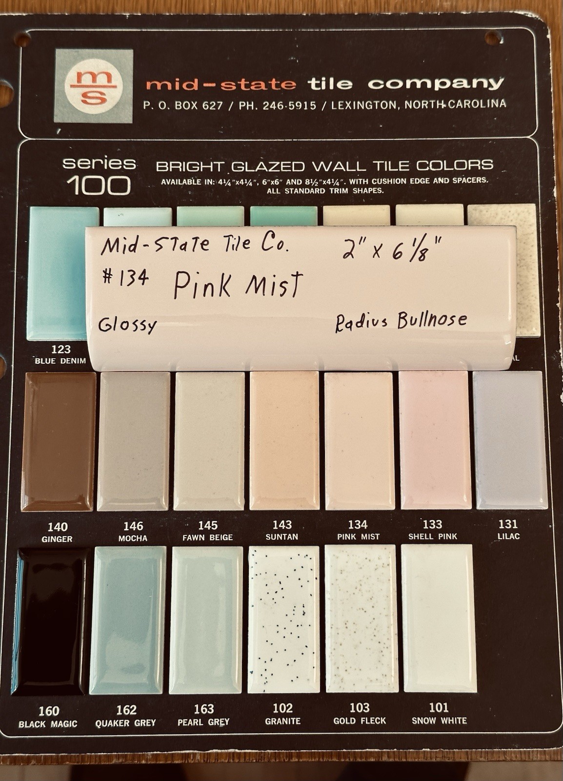 1pc. *Peachy Pink Mist* Glossy Ceramic Radius Mud Cap Bullnose Tile; 2″ X 6″ NOS