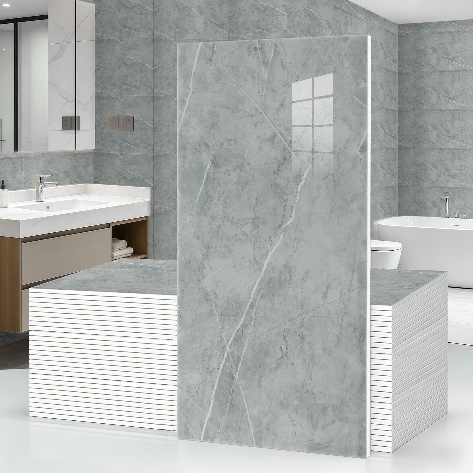 10Pcs Grey Marble Peel and Stick Wall Panels 23.6″x11.8″ Waterproof Backsplash T