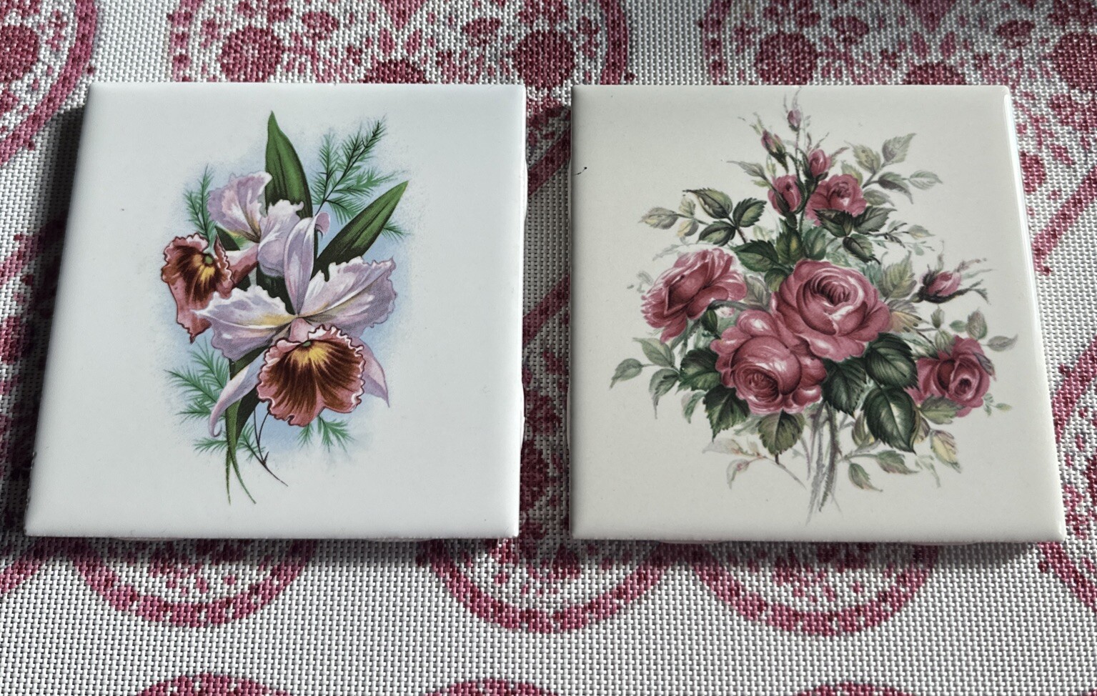 Floral Decorative 2 Ceramic Tiles 4” Square Cork Backed