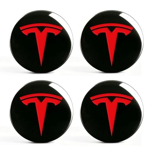 4 PCS Wheel Center Hub Cap Sticker for Model 3 / Model Y, Glossy Black & Red