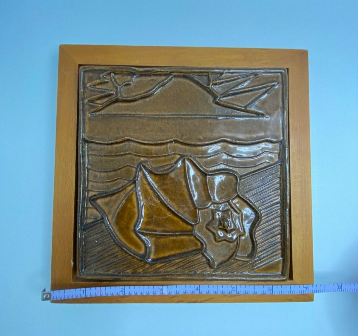 Conch Shell Decorative Wall Art Ceramic Tile in Wood Frame 7×7
