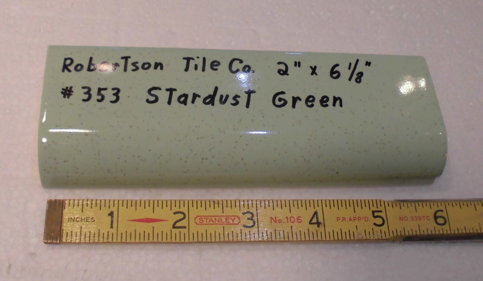 1 pc. Stardust Green: Ceramic Tile; 2″ X 6-1/8″ Radius Bullnose by Robertson Co.