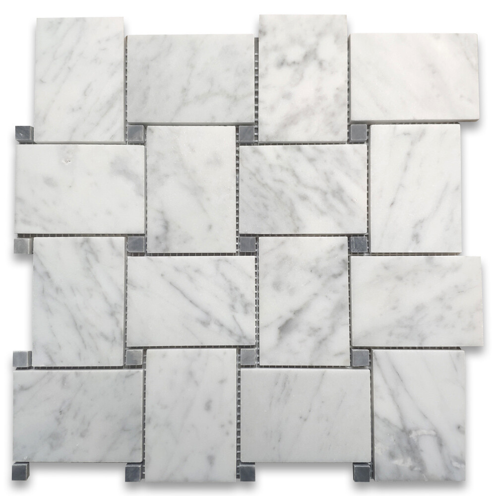 C667XH Carrara White Marble Large Basketweave Tile Bardiglio Gray Dots Honed