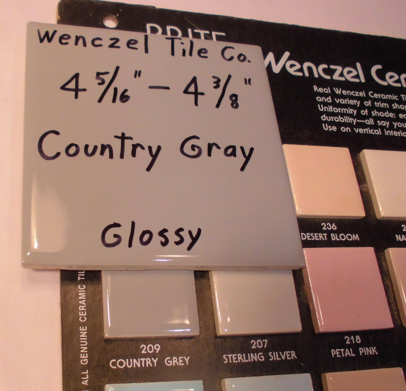1 pc. *Country Gray* Glossy Ceramic Tile by Wenczel Tile Co. 4-5/16″- 4-3/8″