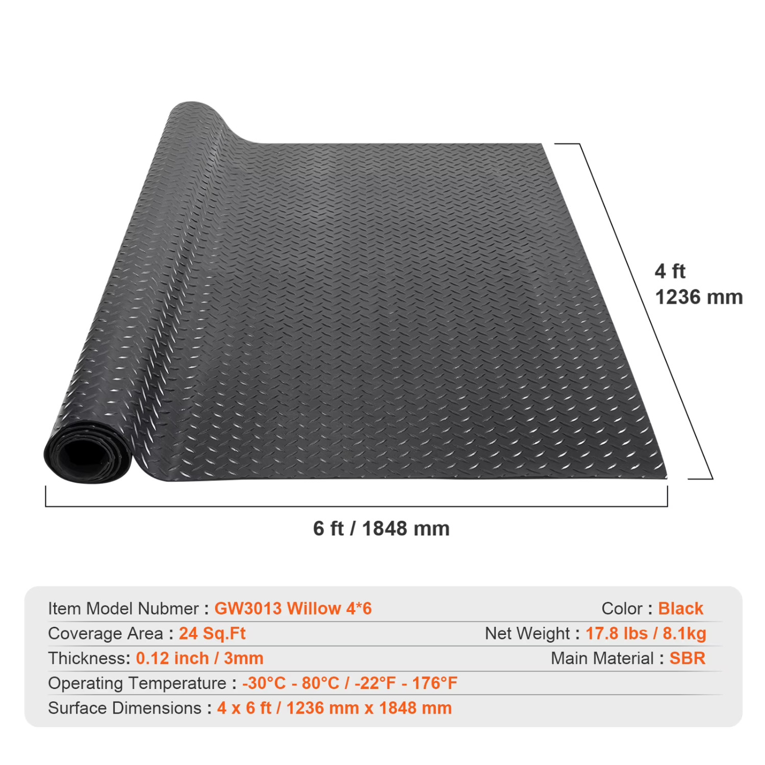 KFFKFF Diamond-Plate Rubber Flooring Roll 3mm x 4ft x 6ft Garage Floor Mat SBR