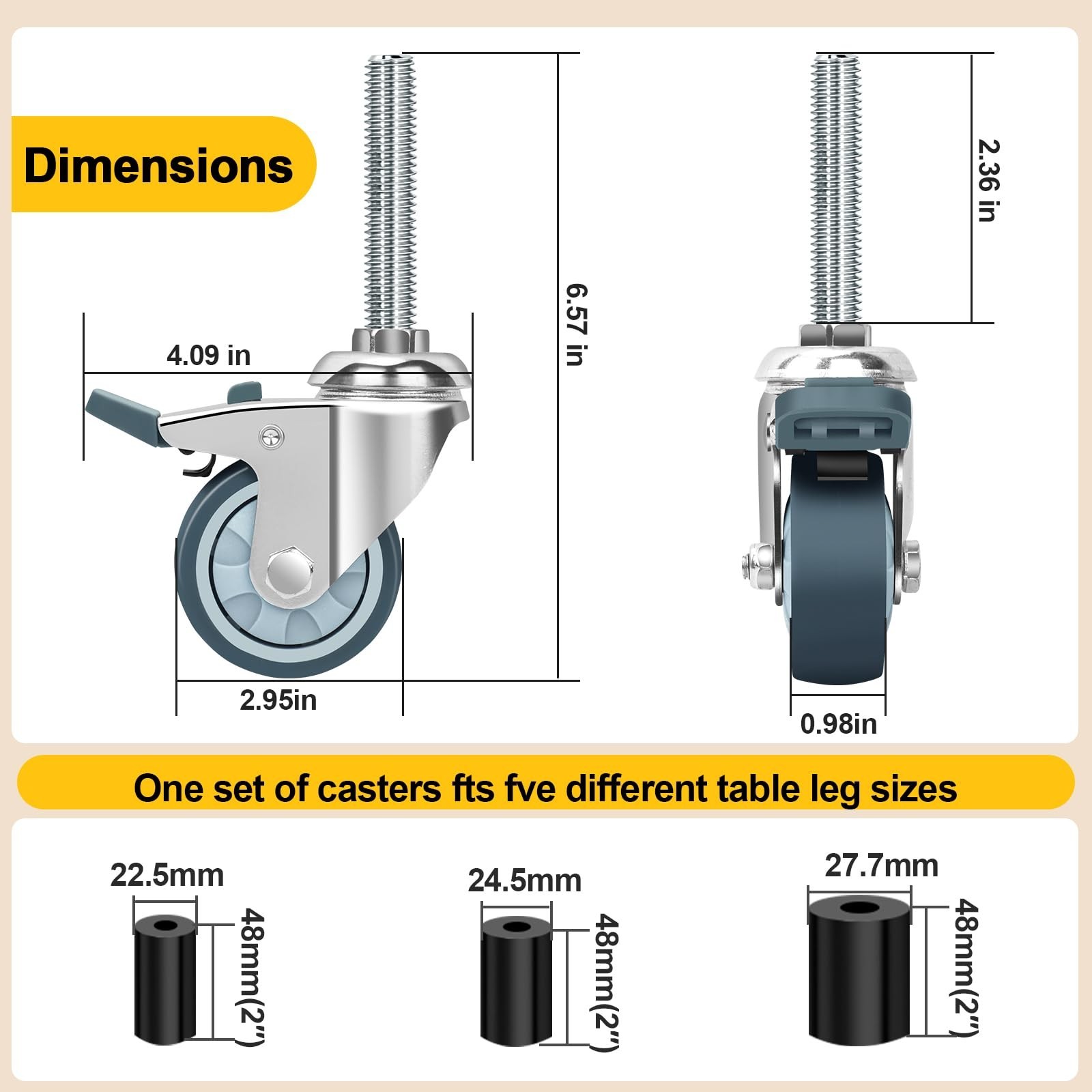 2 Inch Expanding Stem Casters Set of 4, Casters for Wire Shelving with Lockin…