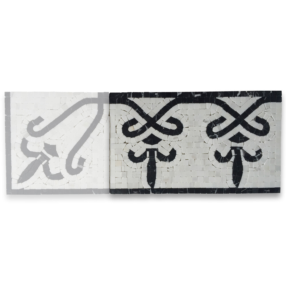B0031P Marble Mosaic Border Listello Accent Tile Fleur Nero 7.1×11.8 Polished