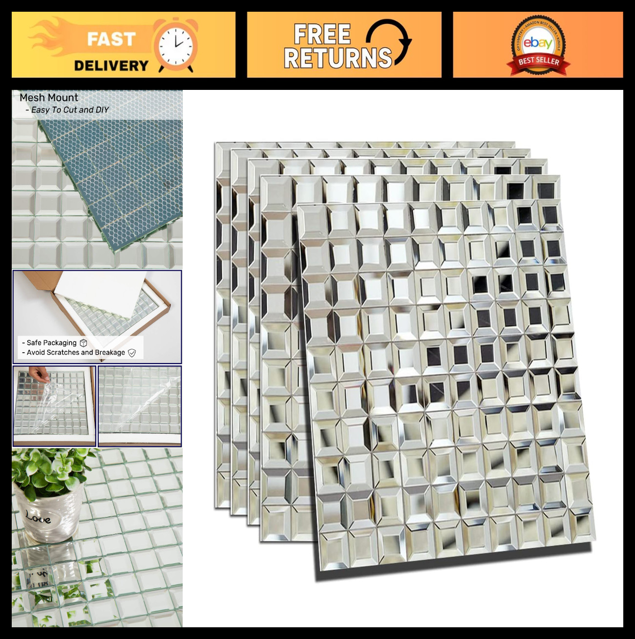 Beveled Silver Mirror Glass Mosaic Tile 12×12 Inch Backsplash – 5 Sheets for Kit