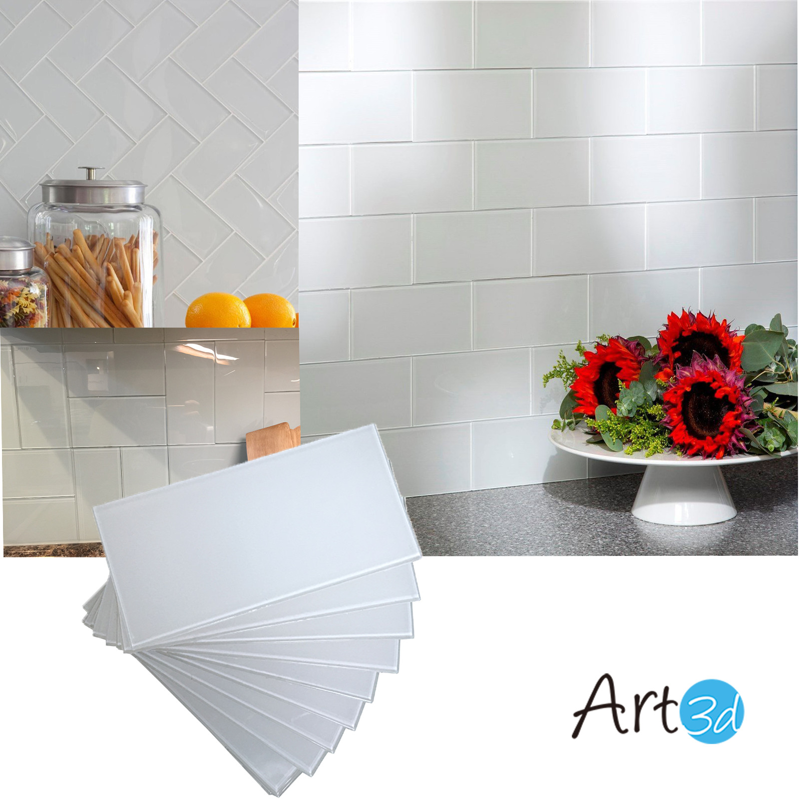 Art3d Peel & Stick Backsplash Glass Tile for Kitchen Bathroom White Tiles,32pcs