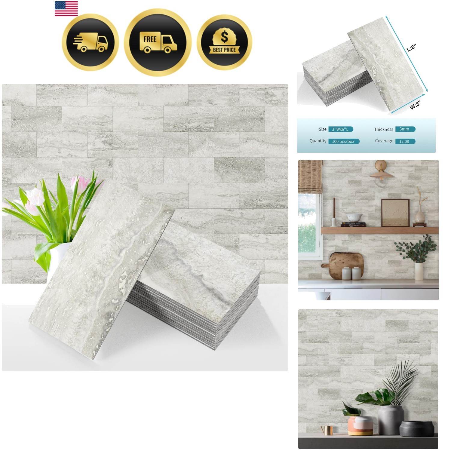 100-Piece Matt Beige Mixed Grey Slate Peel and Stick Backsplash Seamless Tile…