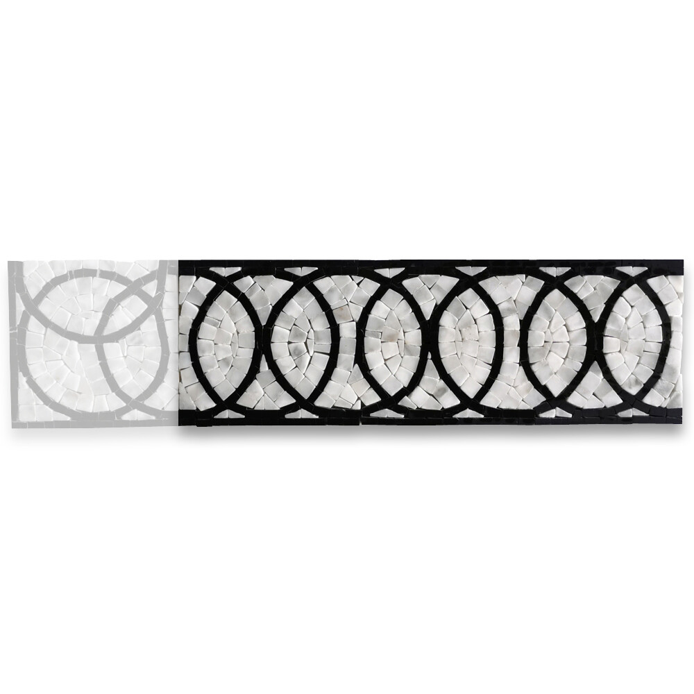 B0103P Eternal Rings Mosaic Border Carrara White Black Marble Listello Tile