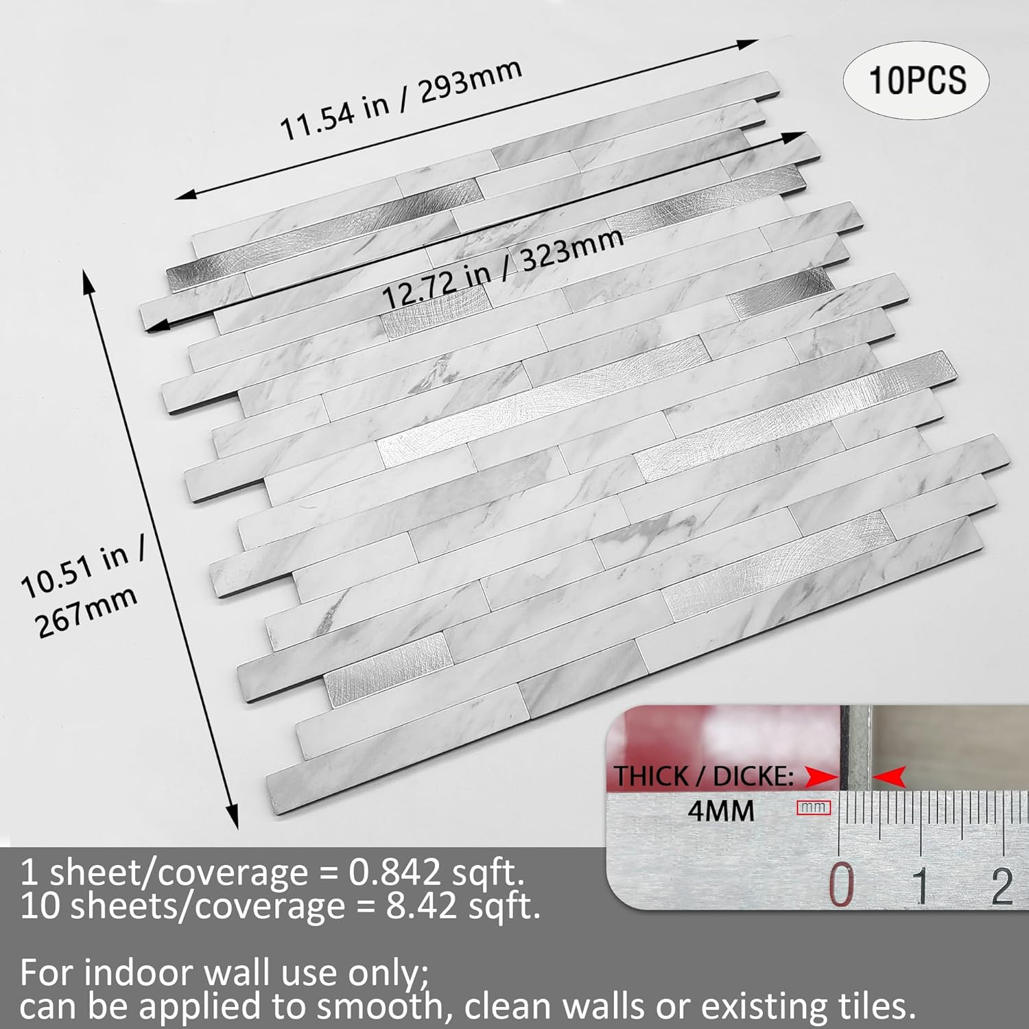 Self-Adhesive Metal Marble Subway Tiles for Kitchen Backsplash – 10 Pack