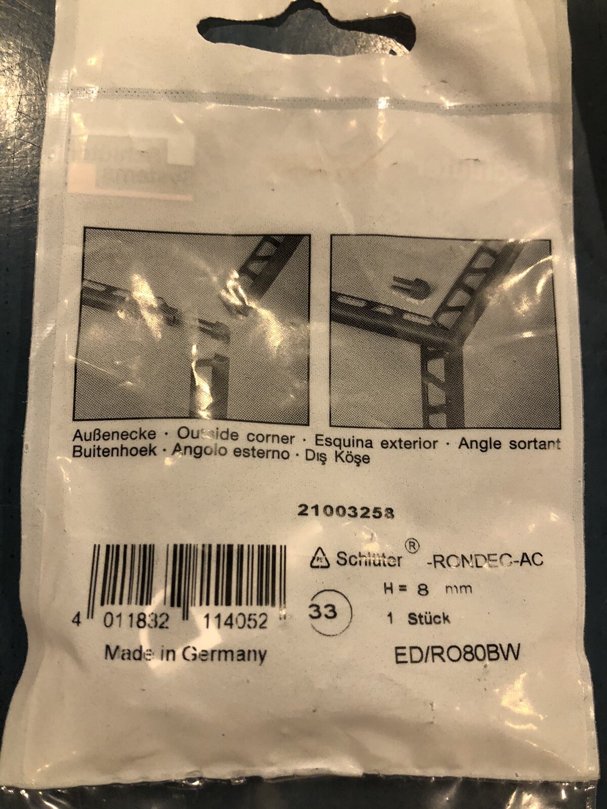 schluter rondec ac 5/16 Ed/ro80bw 8mm 21003257 Outside Corners Bright White (8)