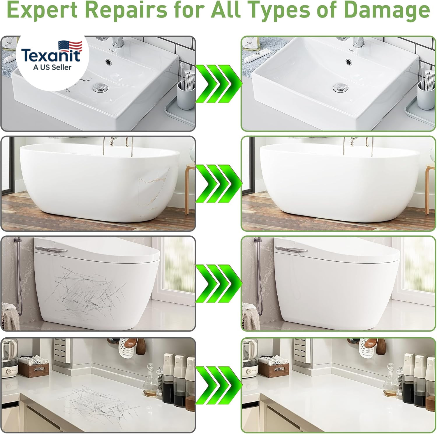 Surface Repair Kit for Tubs, Tiles, Countertops – Fixes Chips, Cracks, Scratches