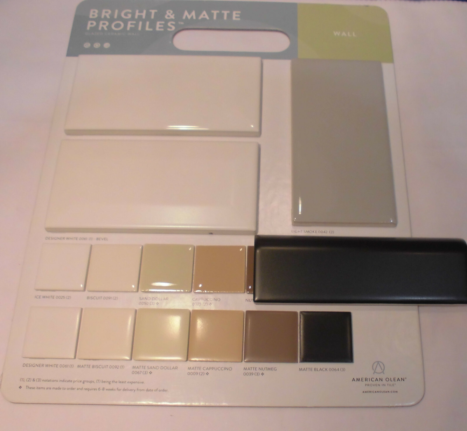 1 pc. *Matte Black* Ceramic Radius Bullnose Tile by American Olean Co. 2″ X 6″