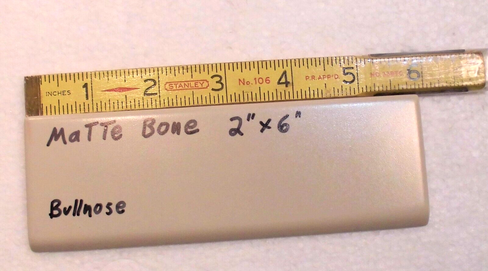 1 pc. Matte Bone – Almond: Ceramic Bullnose Tile 2” X 6” Flat-Surface Type, NEW