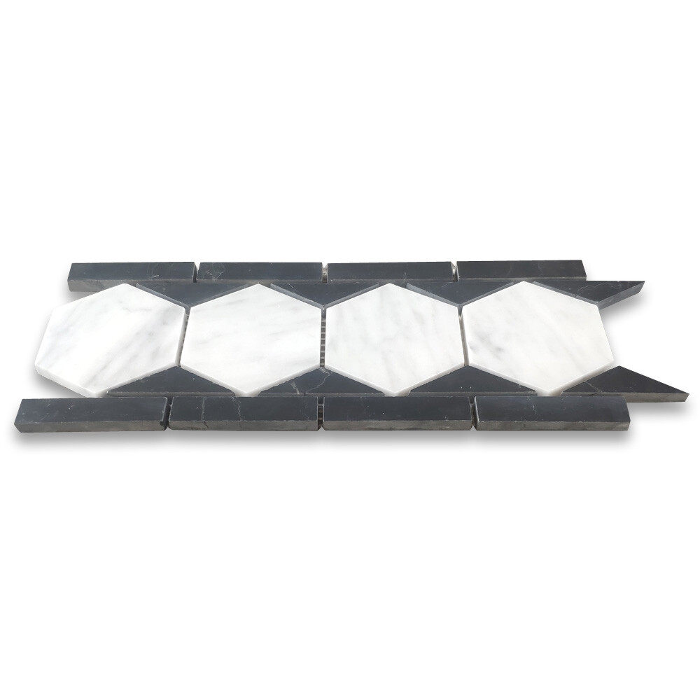 C33B2XH Carrara White Marble 3 Hexagon Listello Mosaic Border Tile Black Honed
