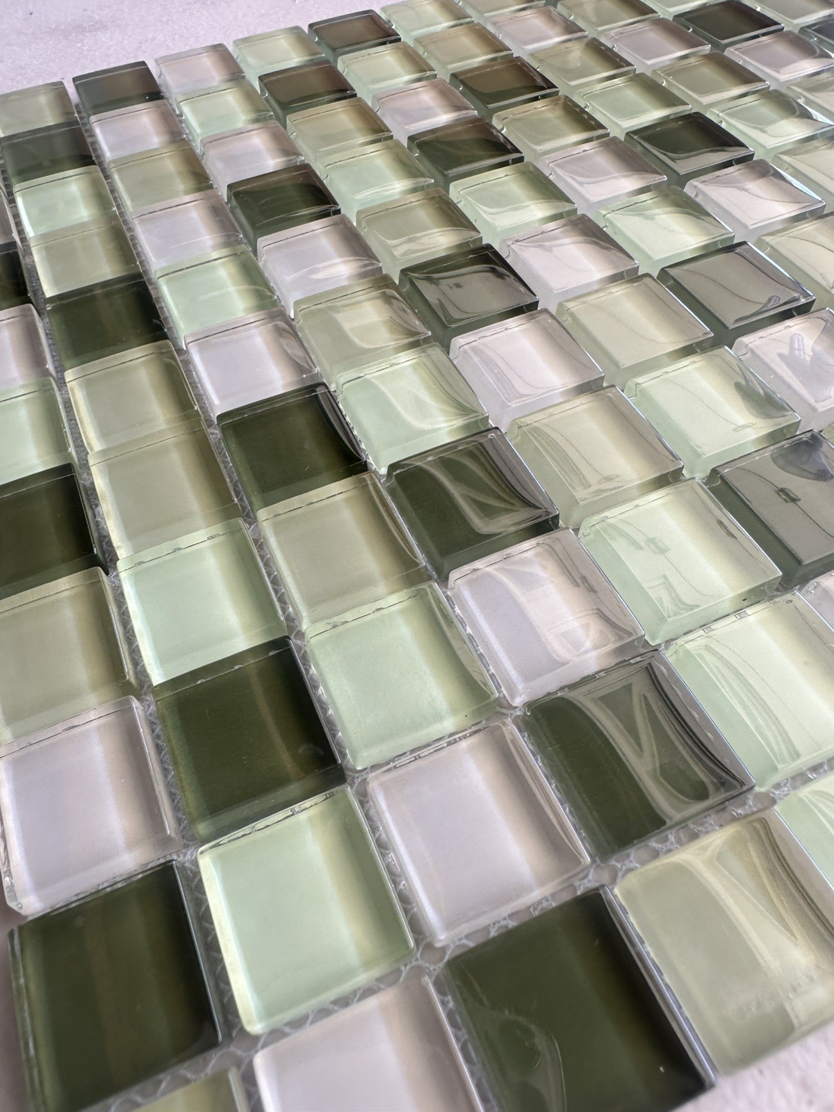 Light green Mix Glossy Glass Mosaic 1″x1″ Stacked Mesh Mounted