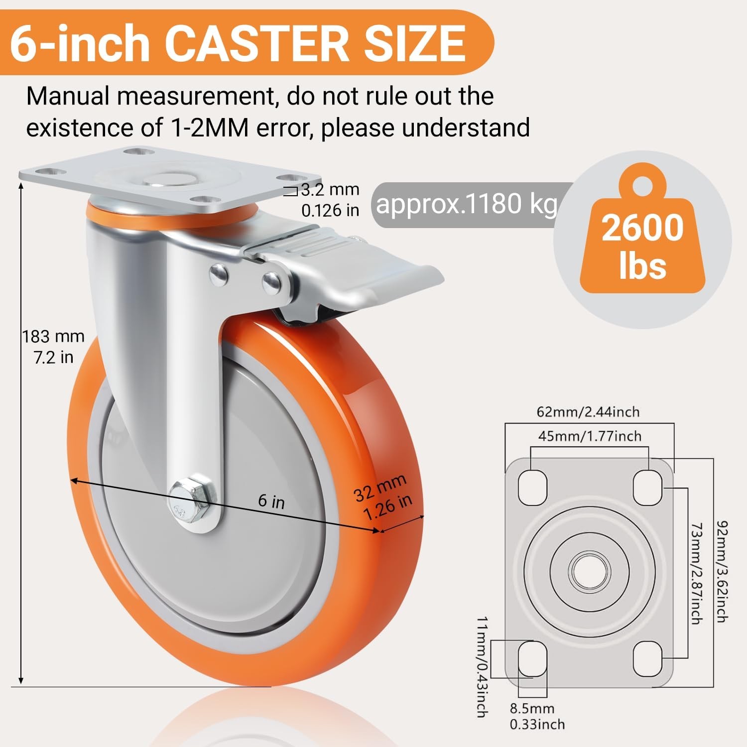 6 Inch Swivel Caster Wheels Set of 4, 2600lb Capacity, Silent Polyurethane Wh…