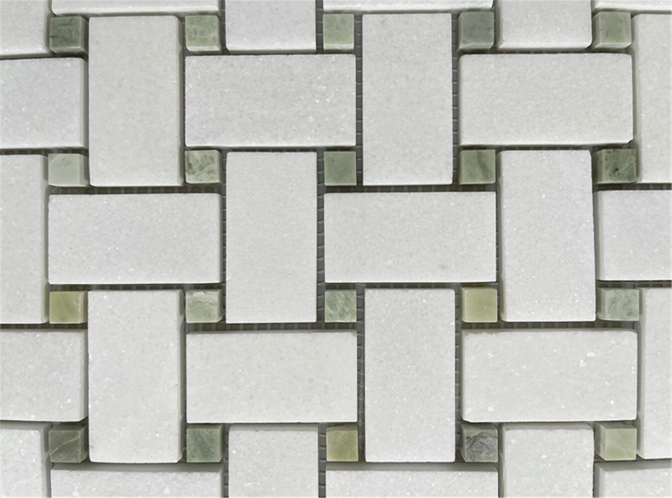 T652XH Thassos White Marble 1×2 Basketweave Mosaic Tile Green Dots Honed