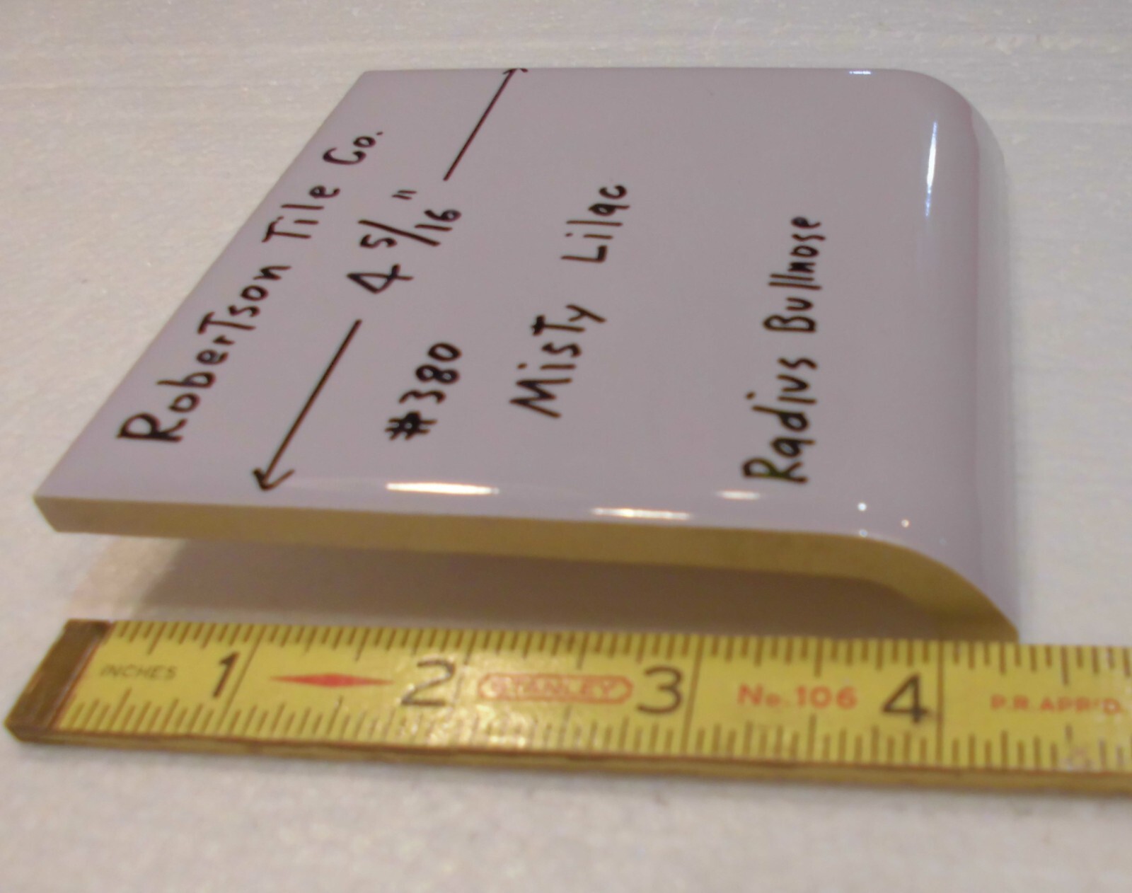 1 pc. Radius Bullnose; Misty Lilac: Glossy Ceramic Tile by Robertson 4-5/16″