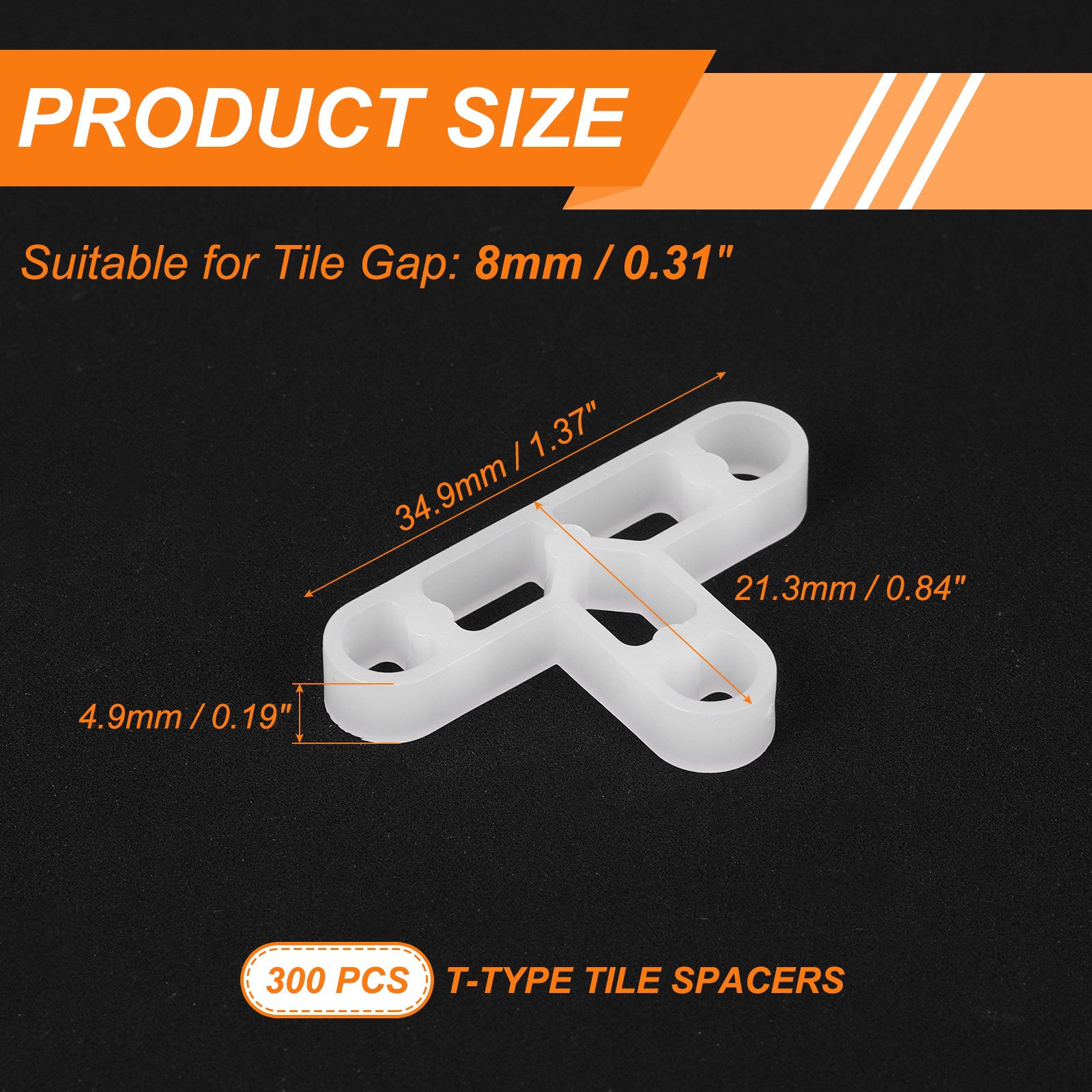 8mm / 5/16 Inch Tile Spacers，300 Pcs t Type Plastic Spacers, White