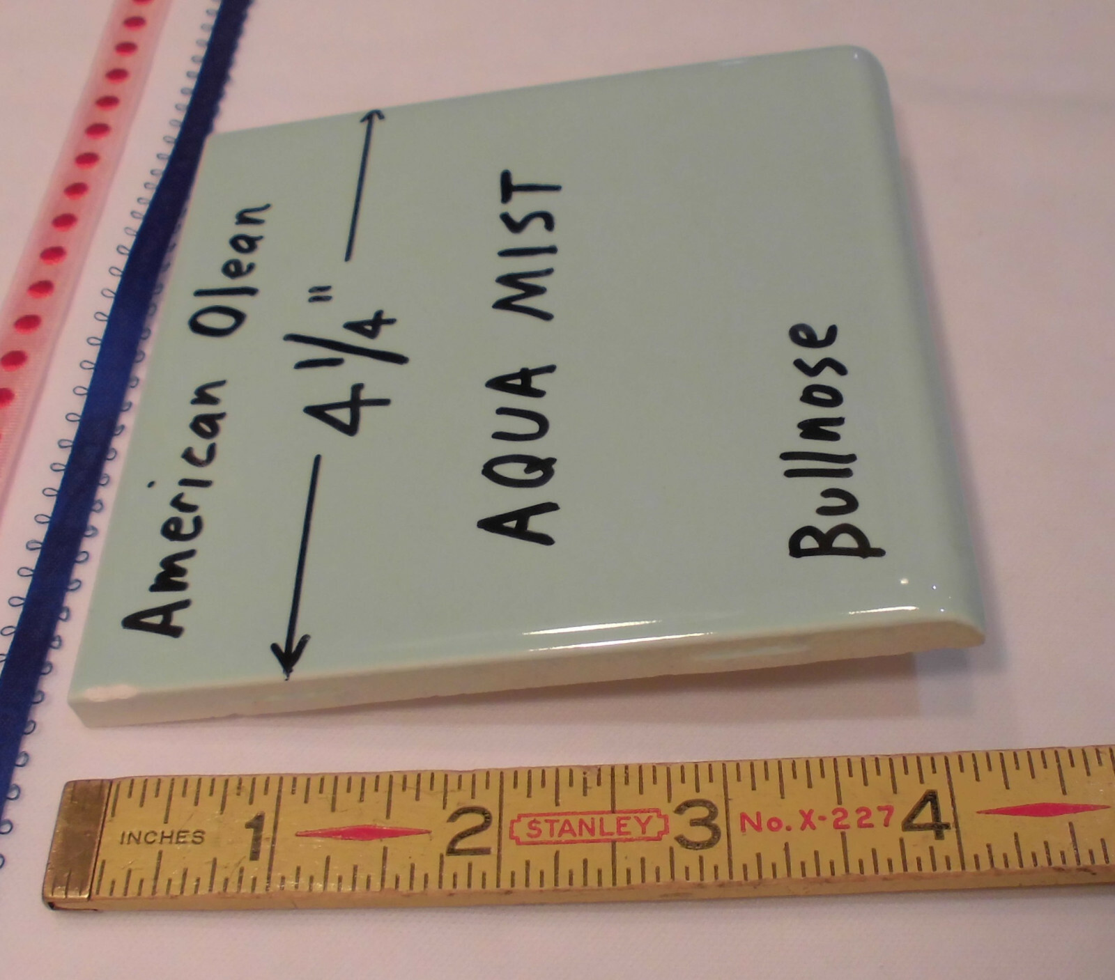 1 pc. *Aqua Mist* Vintage Glossy Ceramic Bullnose Tile 4-1/4” blue-green by A.O.