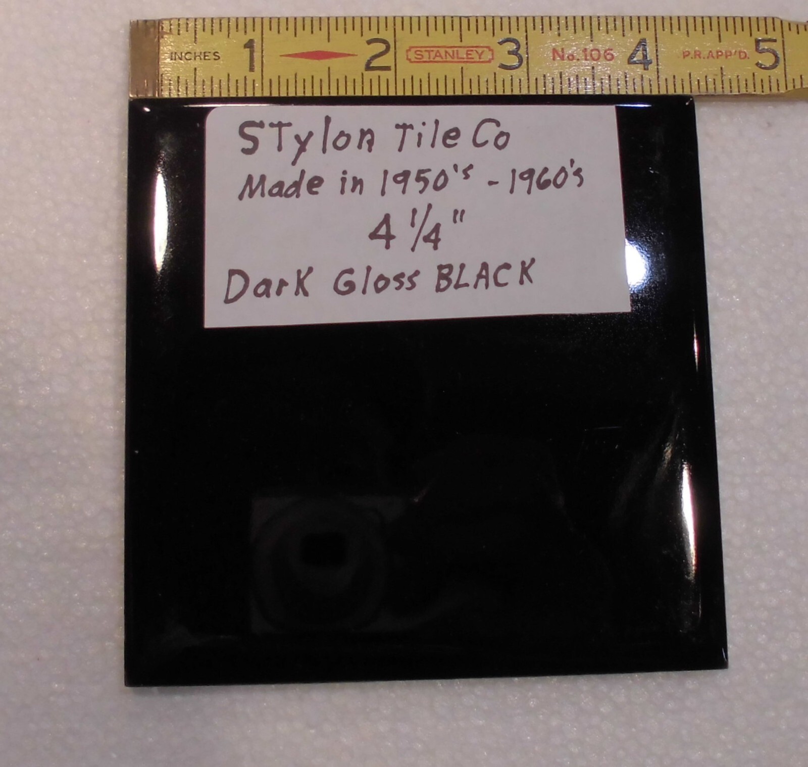 1 pc. Dark Gloss Black: 4-1/4″ Ceramic Tile by Stylon Co. Made in 1950’s -60’s