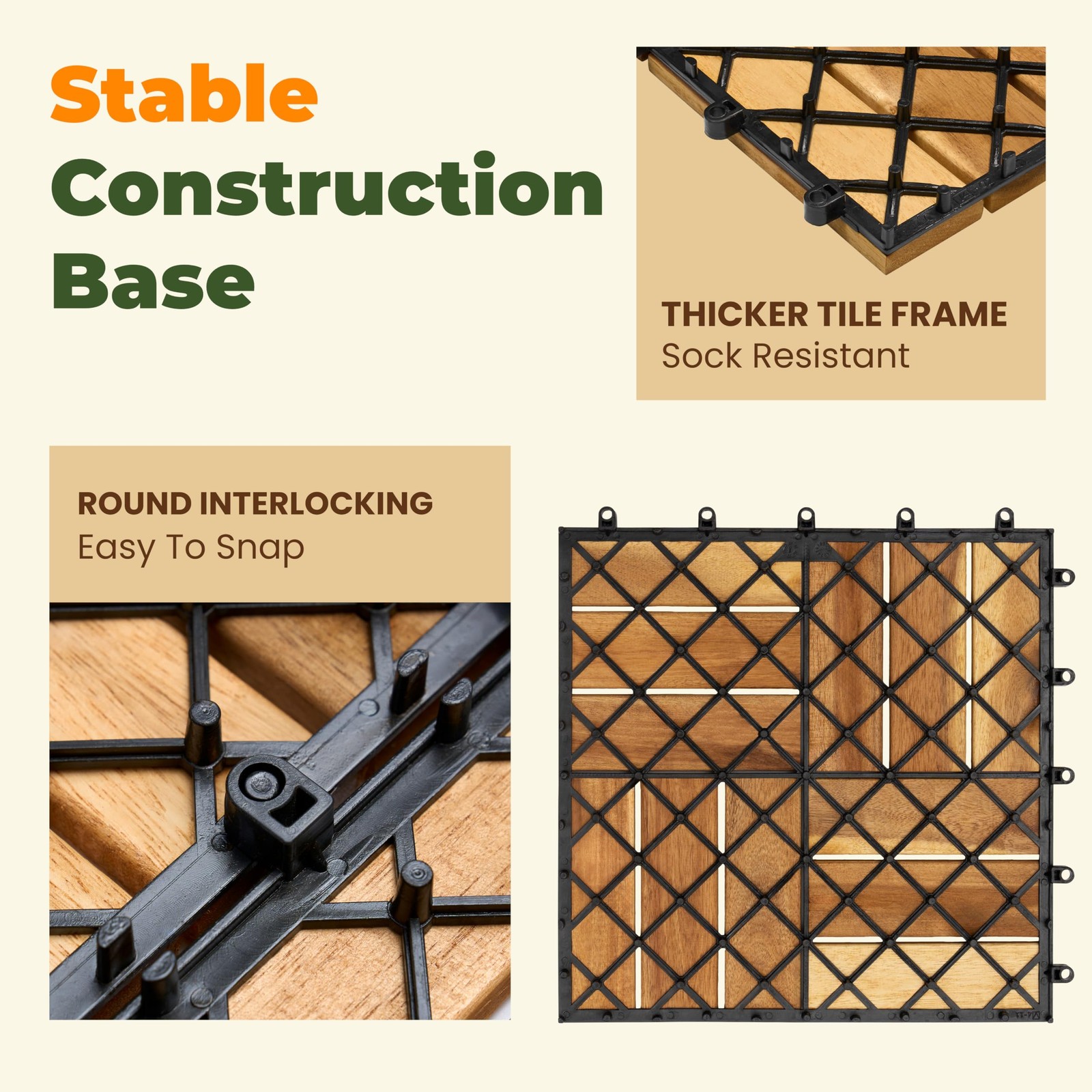 Premium Solid Wood Interlocking Deck Tiles, 10 PCs 12”x12” Snap Together Pati…