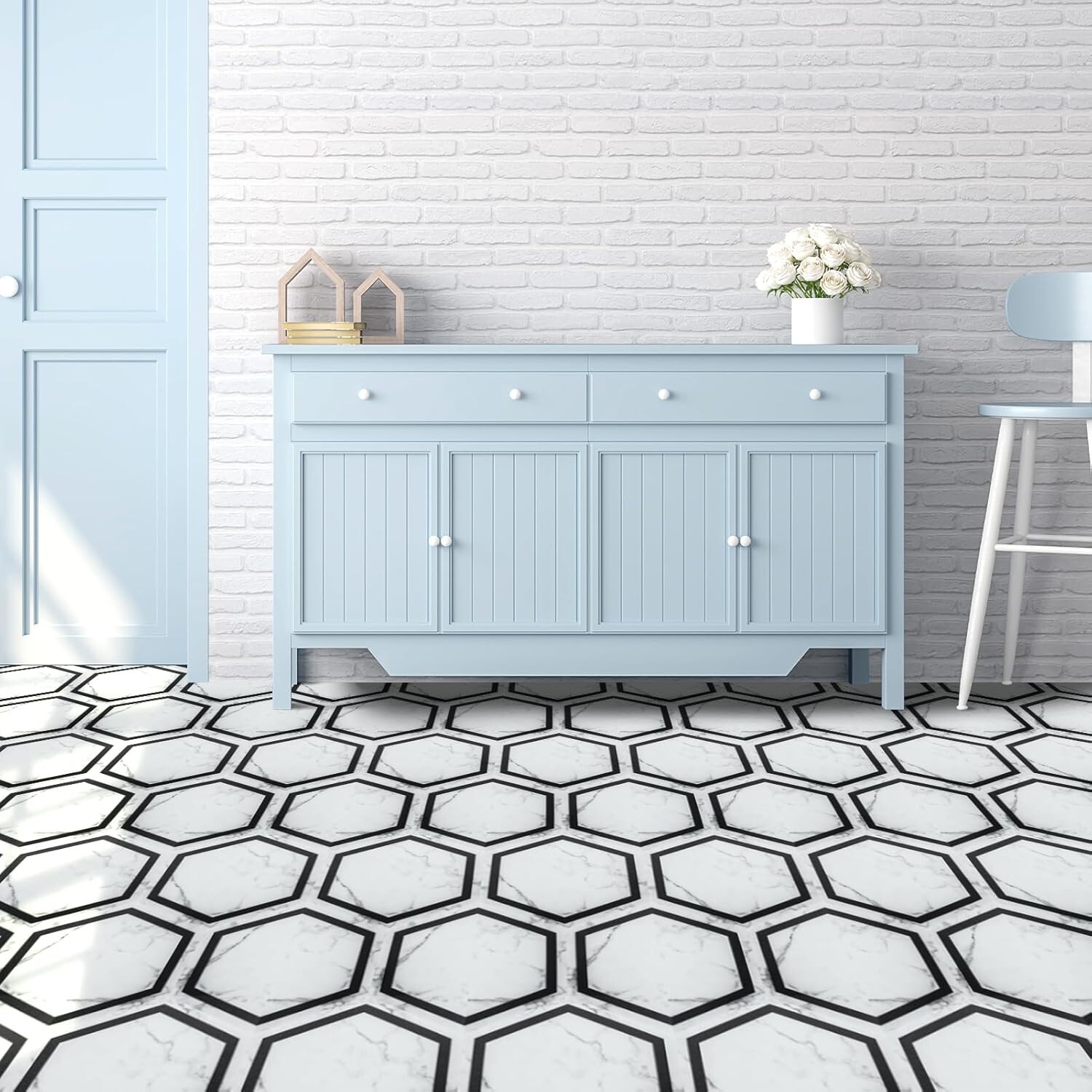 Art3d 22 Pack 11.8″ x 10.2″ White Marble Hexagon Peel and Stick Flooring Tile