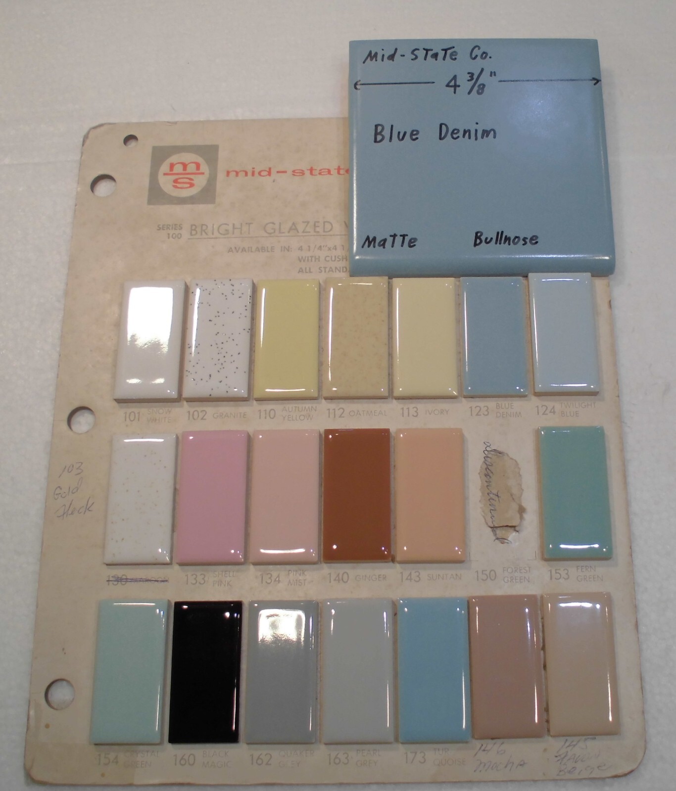 1 pc. Blue Denim: Matte Ceramic Bullnose Tile 4-3/8″ by Mid-State Co. NOS