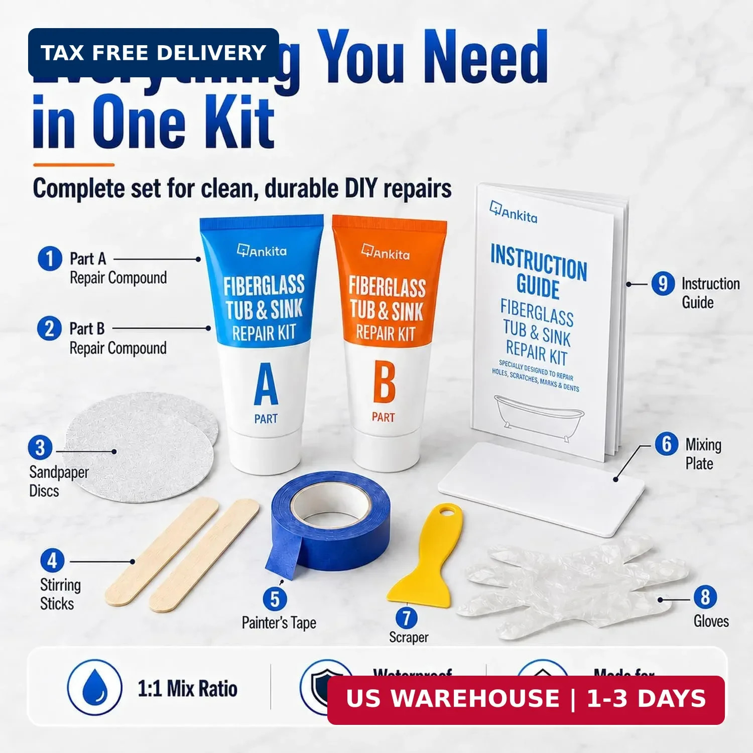 Tub Repair Kit White, Tub Chip and Bathtub Repair Kit for Enamel, Fiberglass, Ac