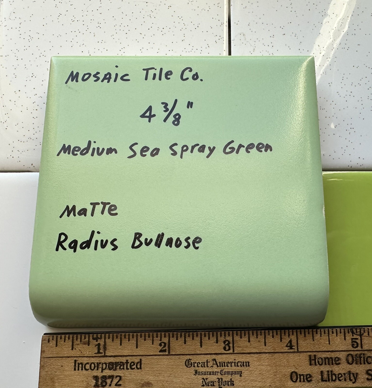1 pc. Medium Sea Spray Green: Matte Radius Bullnose Ceramic Tile 4-3/8″ NOS