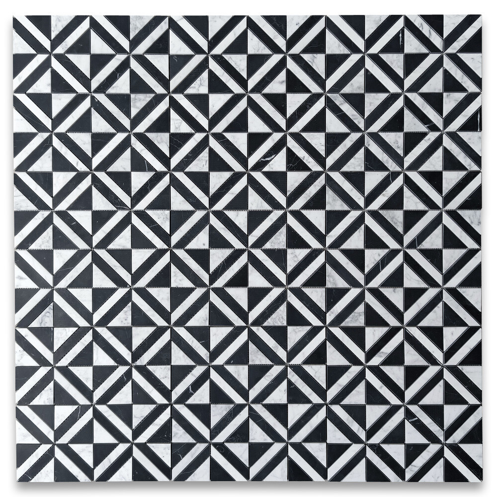 C85E1XH Carrara White Marble Striped Square Maze Mosaic Tile Marquina Black