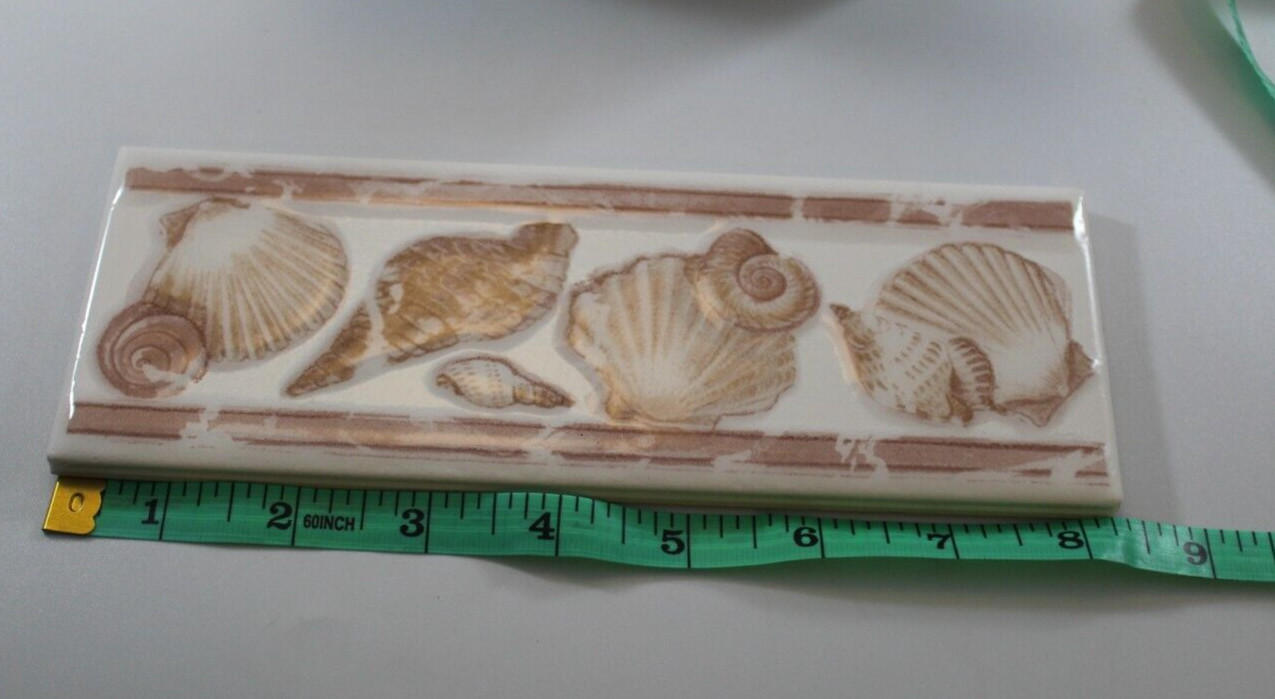 8″ x 3″ Decorative Wall Border Tile Shells Russet Tan & White Each Ceramic