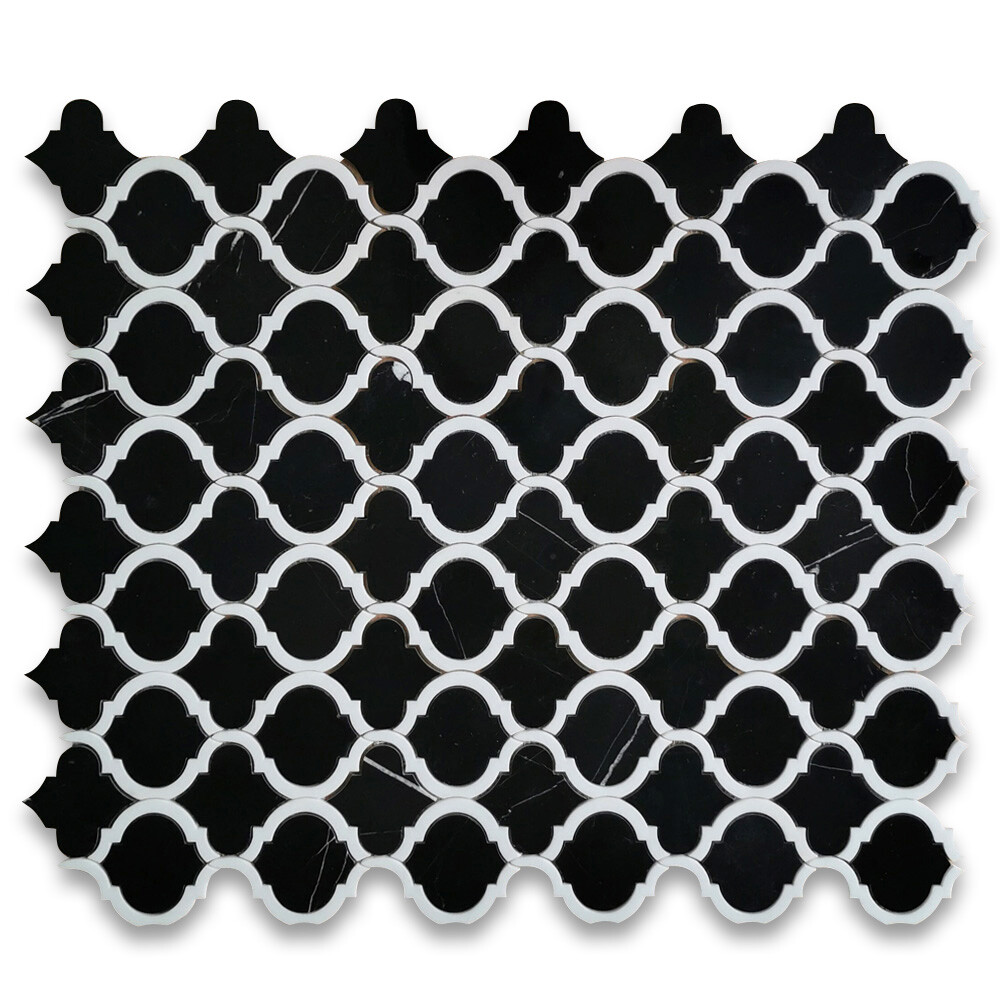 N89AXP Nero Marquina Black Marble Waterjet Arabesque Lantern Tile Polished
