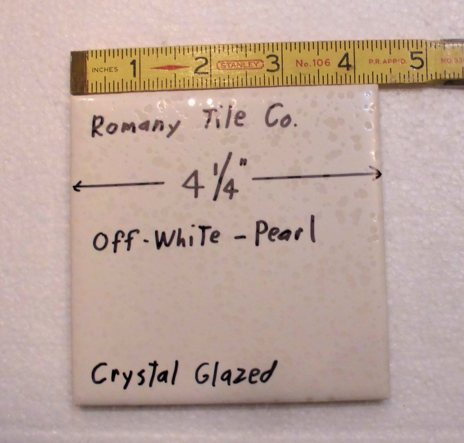 1 pc. *Pearl White* Ceramic Tile by Romany Co. 4-1/4″ Crystall Glaze, New