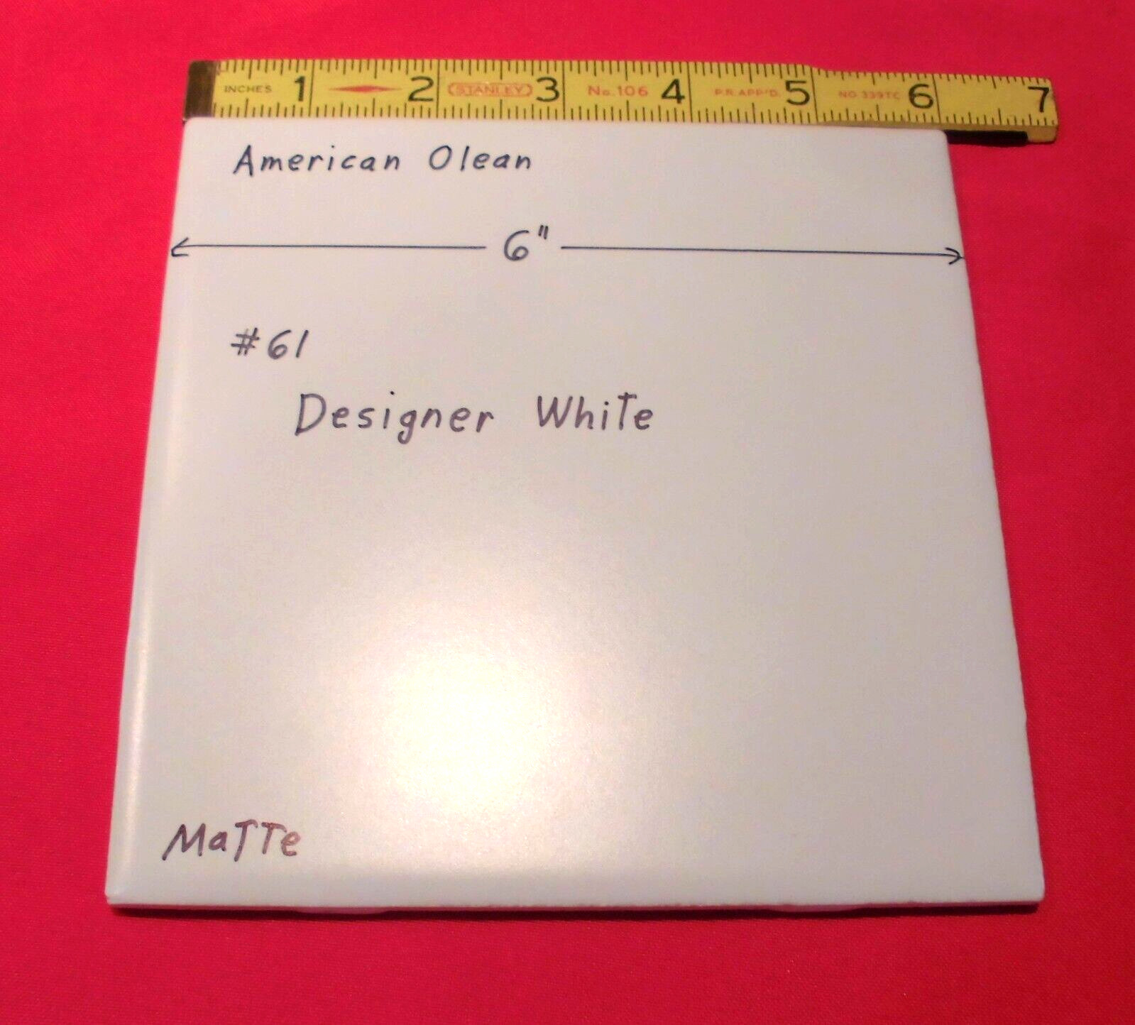 1 pc. *Matte Designer White* #61 by American Olean 6″ X 6″ Ceramic Tile: NEW