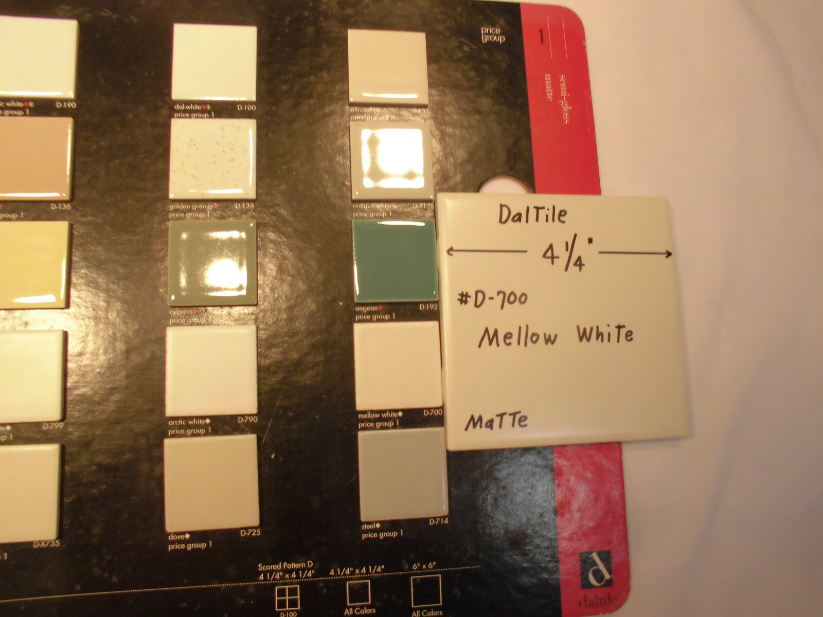 1 pc. Mellow White: Matte Ceramic Tile by Daltile #D-700; 4-1/4″ Discontinued