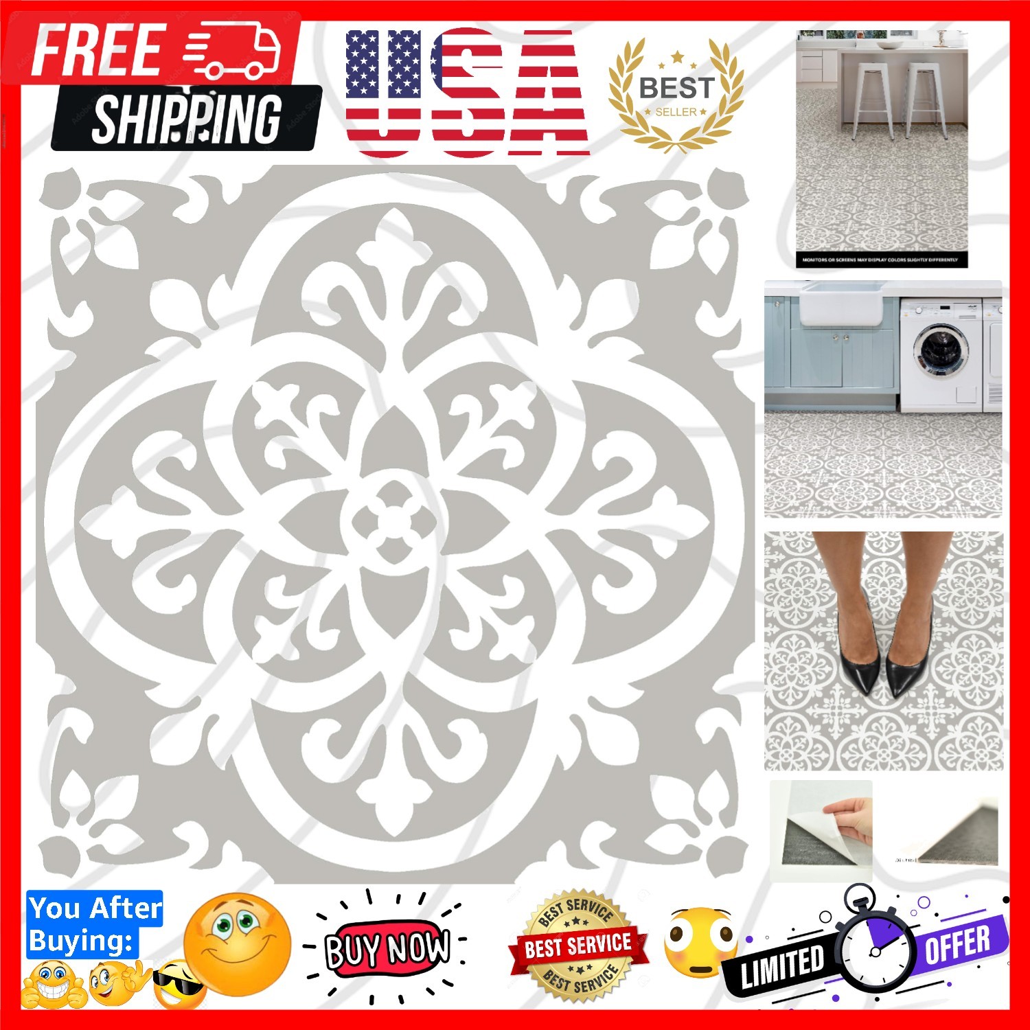 FP2942 Medina Peel & Stick Floor Tiles, Grey