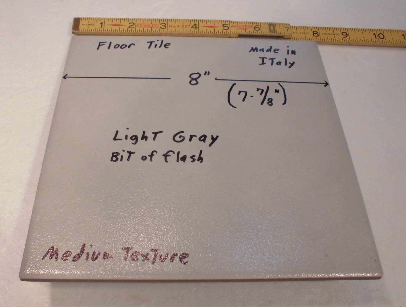 1 pc. “Light Gray” 7-7/8″ Ceramic Floor Tile: Medium Textured, Italian, flash