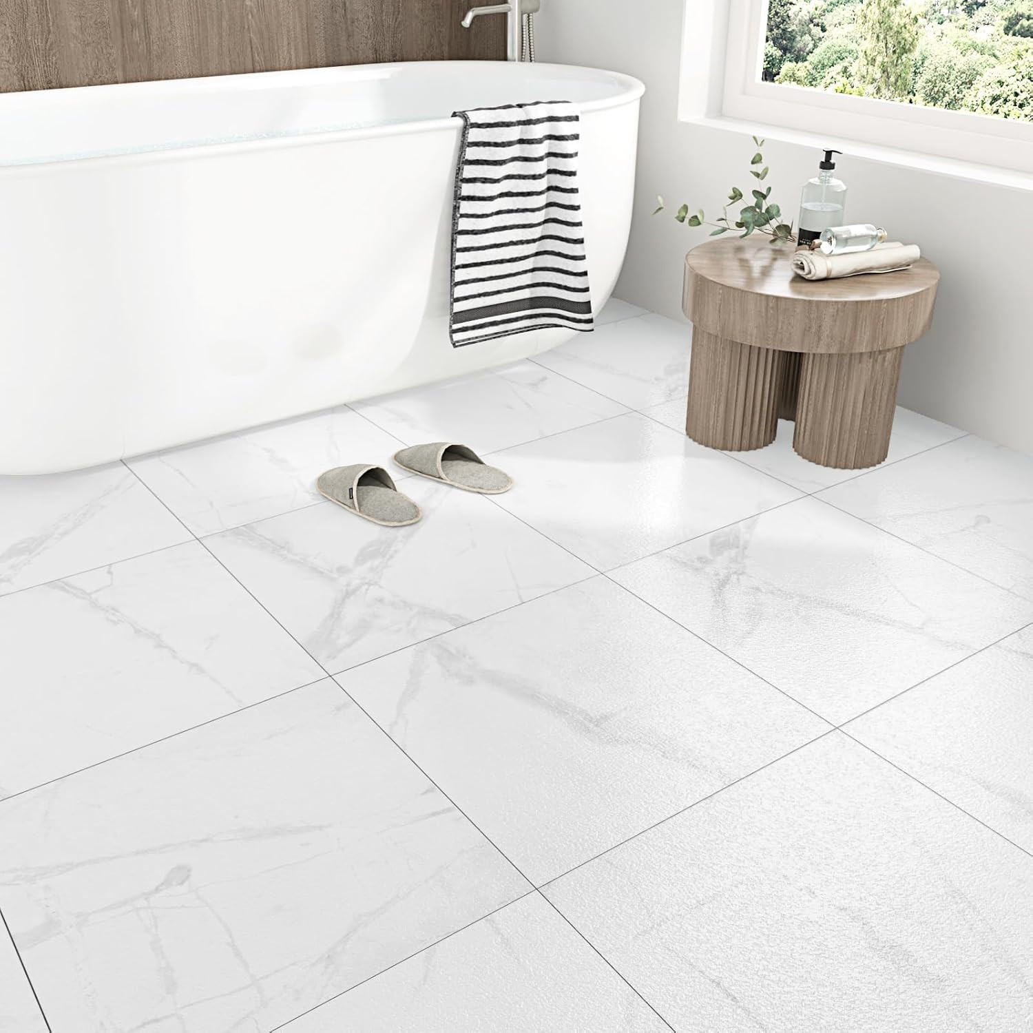 White Marble Peel and Stick Floor Tile Bathroom Waterproof Marble Flooring Tiles