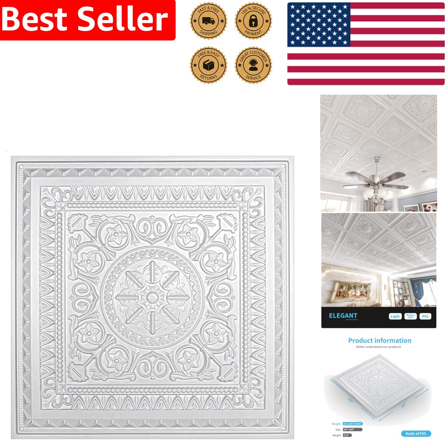 48 Sq Ft 24×24 White PVC Modern Floral Glue Up Ceiling Tiles, Water Resistant