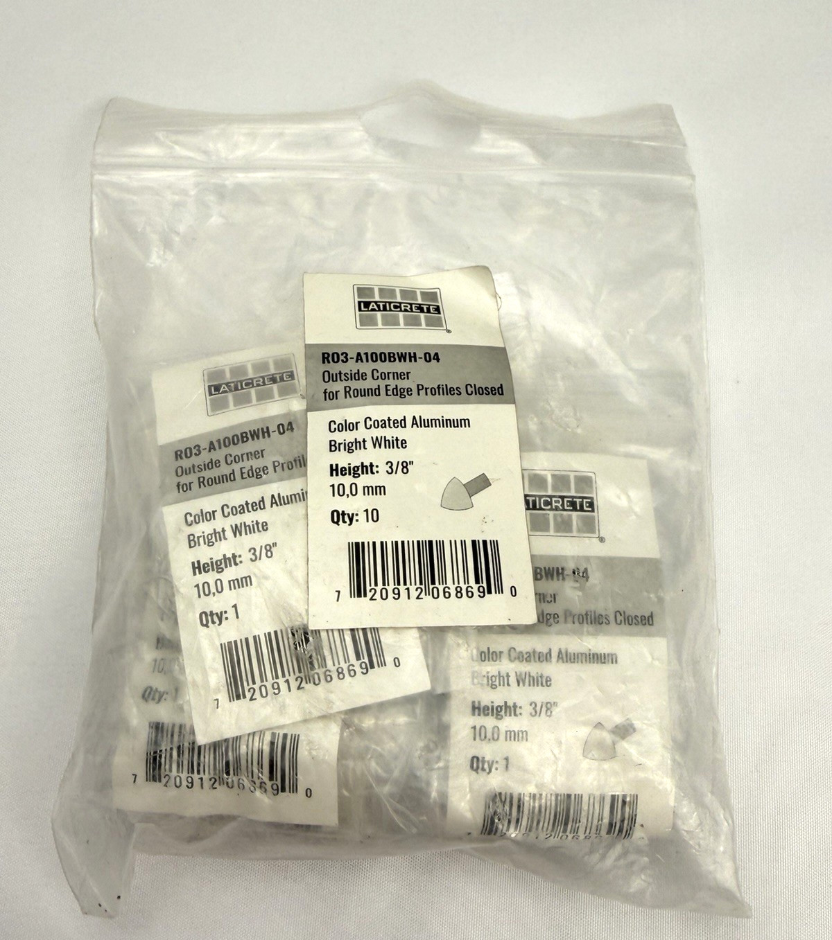 10pk Laticrete Round Edge 3/8″ Outside Corner Alum Bright White R03-A100BWH-04