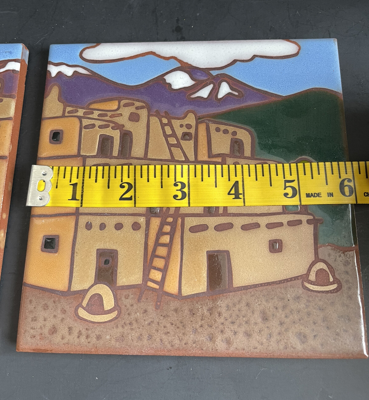 Vtg Ceramic Tile Sima Ceramiche Italy House Set Of 2 Hand painted 6” Terracotta