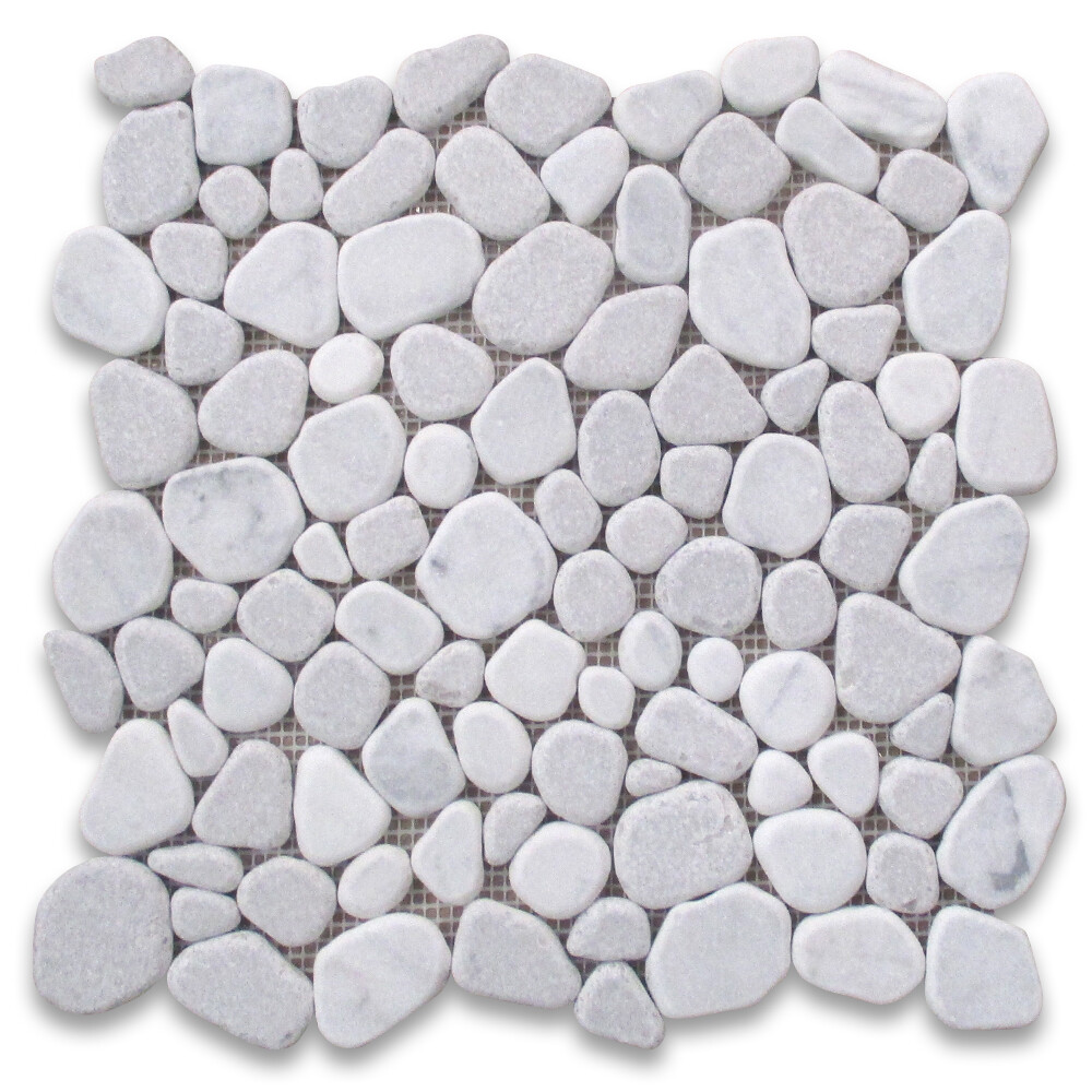 P64T Non Slip Shower Floor Tile Tumbled Carrara Grey Marble Pebble Mosaic