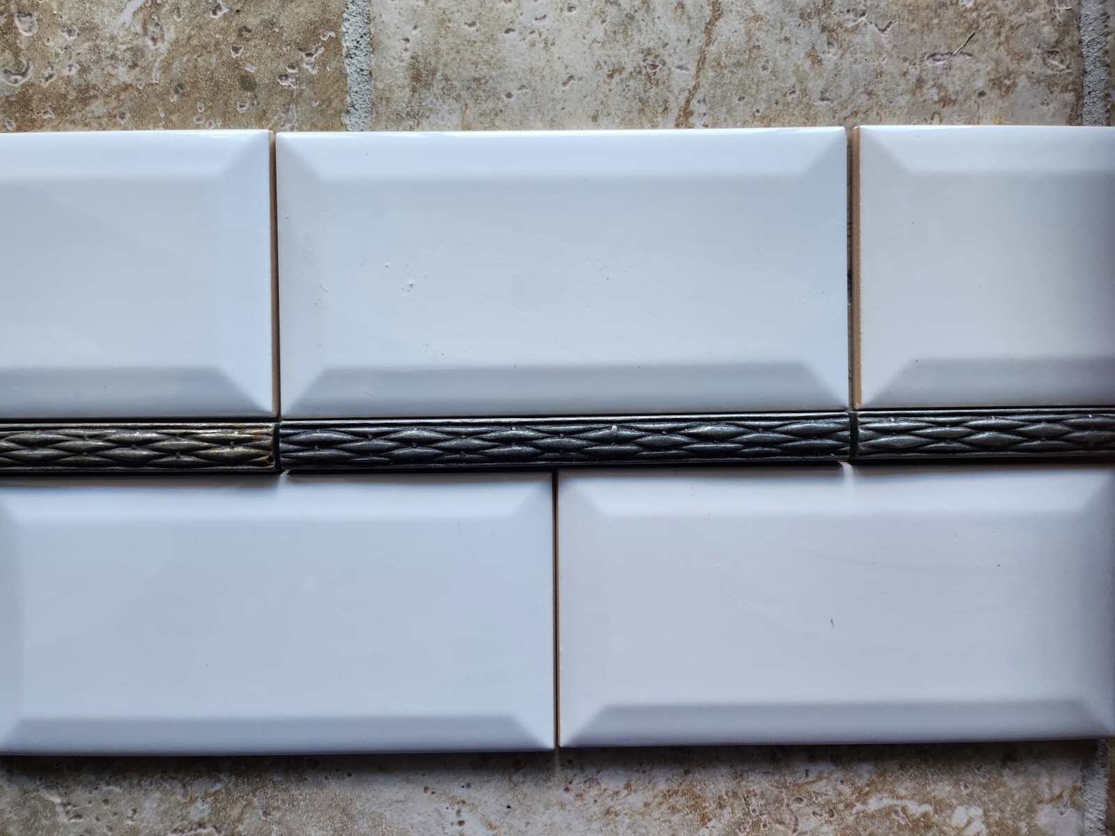 Basket Weave Pewter Tile Pencil Liner Metal Border. Brushed nickel satin finish.